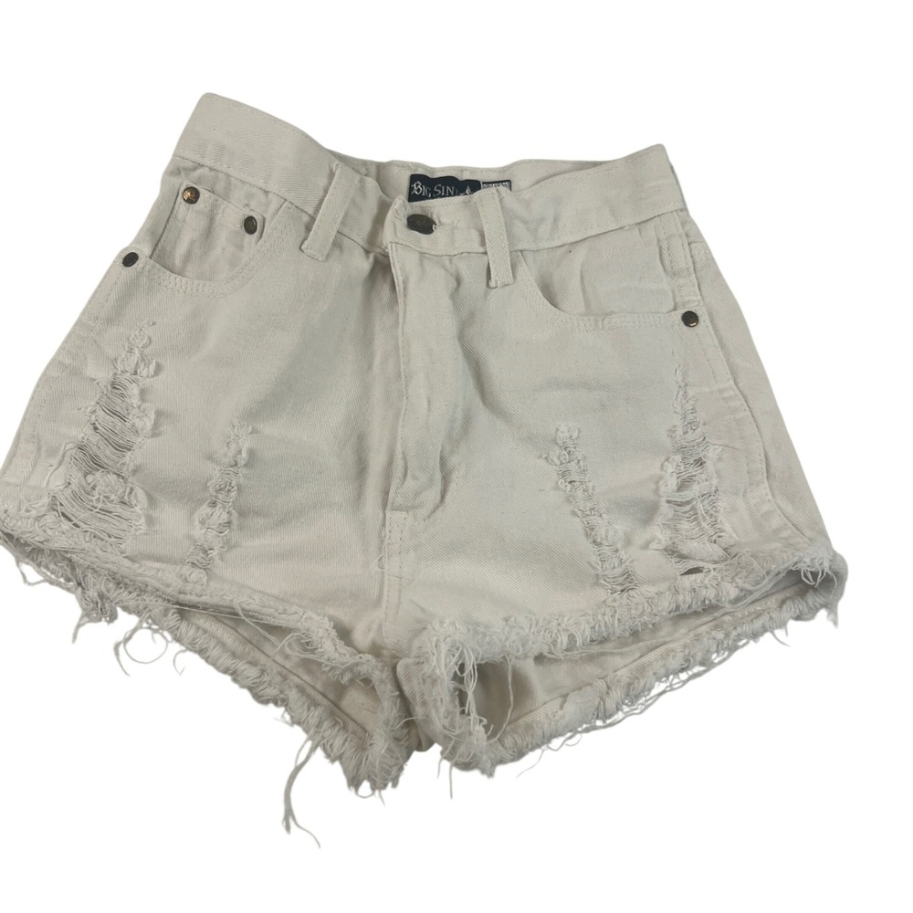 Big Sine Jeans Distressed Off White Denim Shorts‎ High Waisted Frayed Hem Small